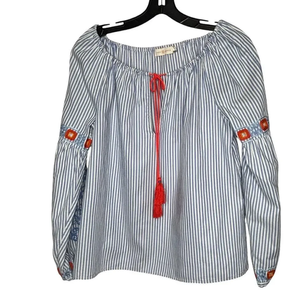 Tory Burch Madison Peasant Boho Striped Embroidered Tie Front Top Size 2